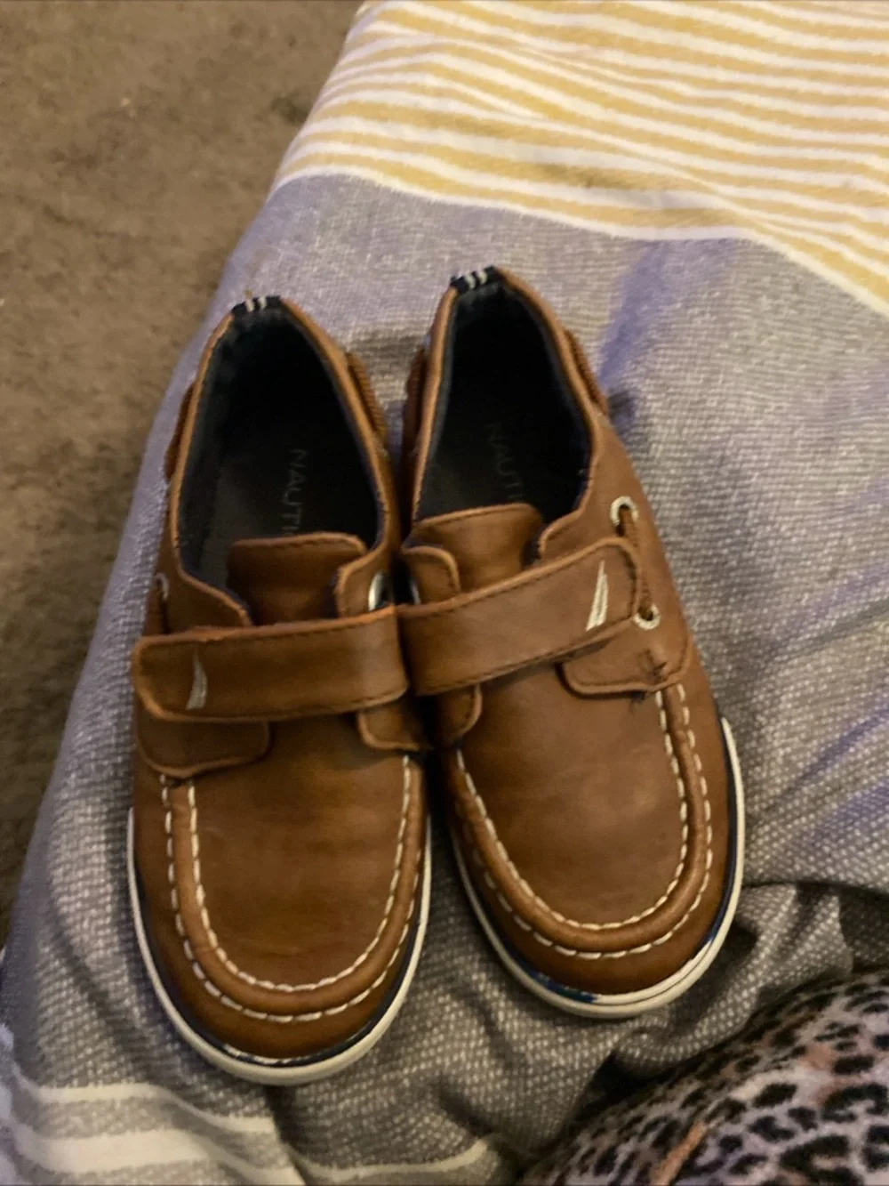 Nautica Kids Brown Leather Moccasin Boat Shoes with Velcro Strap